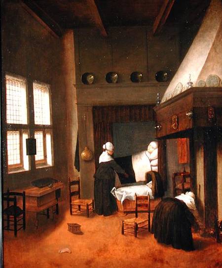 Bedroom Interior with Mother and New-Born Child von Jacobus Vrel or Frel