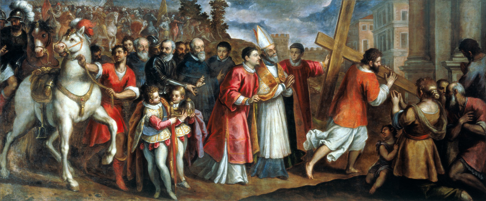 Kaiser Heraklios trägt das Heilige Kreuz in Jerusalem auf seinen Schultern von Jacopo Palma il Giovane