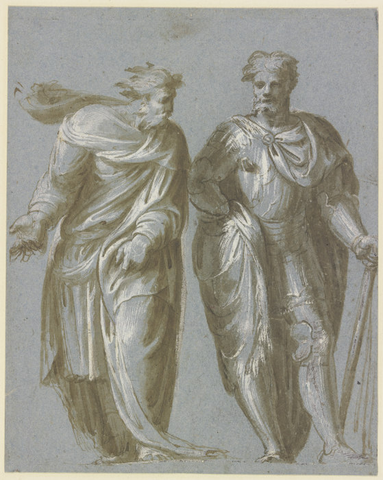 Zwei beieinander stehende Männer, der linke im Philosophenmantel mit weisender Geste, der rechte als von Jacopo Palma il Giovane