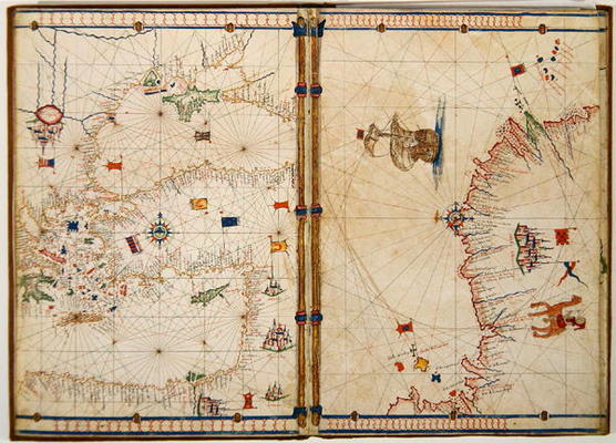 Ms Ital 550.0.3.15 fol.4v-5r Map of the Eastern Mediterranean Coast and Islands, from the 'Carte Geo von Jacopo Russo