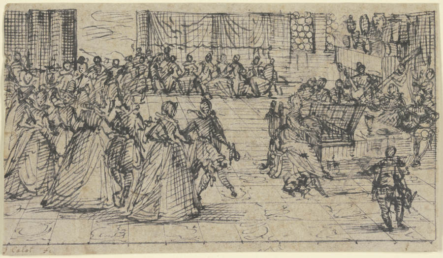 Kavaliere und Damen beim Tanze, eine Dame spielt Klavier und wird von einem Orchester begleitet von Jacques Callot