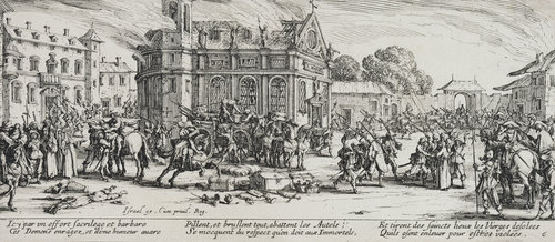 Les Miseres et les Mal-Heurs de la Guerre (Blatt 6): Die Zerstörung eines Klosters von Jacques Callot