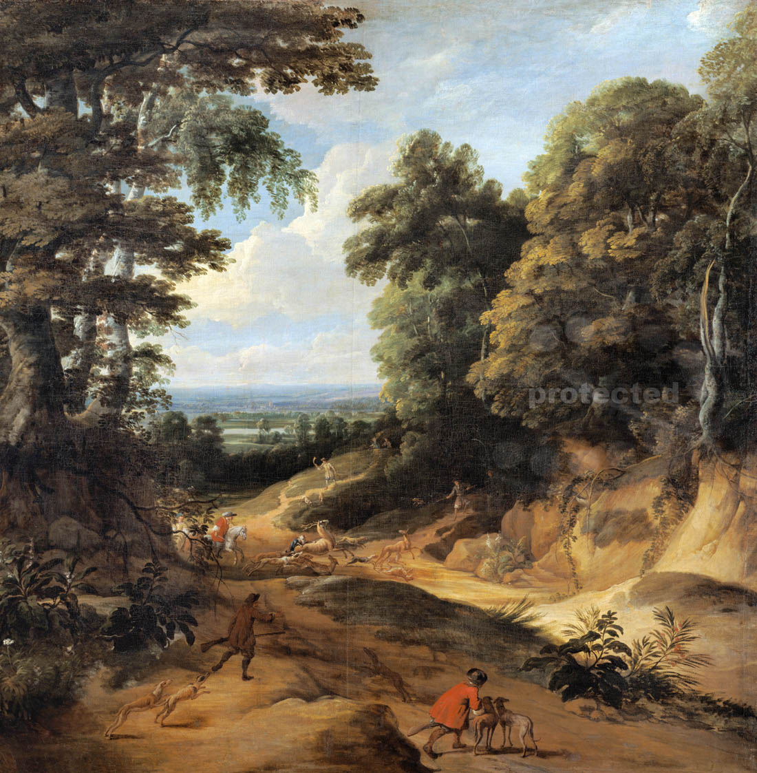 Landschaft mit hohen Bäumen (Der Waldweg) (Originalbild mit Streifen mittig) von Jacques d'Arthois