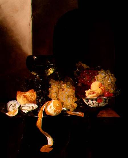 A Still Life with Fruit, a Peeled Lemon and a Roemer on a Ledge von Jacques de Claeuw