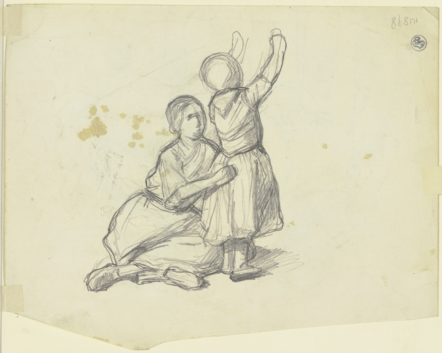 Auf dem Boden sitzende Frau mit einem neben ihr stehenden kleinen Mädchen mit erhobenen Armen von Jakob Becker