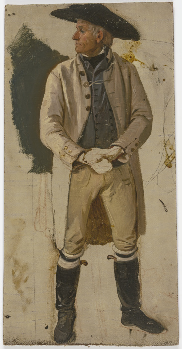 Bauer mit großem Hut, weißer Jacke, Stulpenstiefeln von Jakob Becker