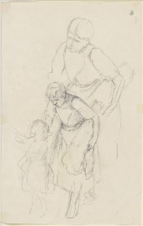 Frau mit Kind und einer Garbe unter dem linken Arm