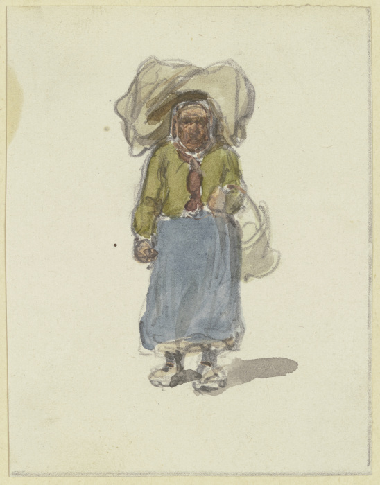 Altes Frau, einen Sack auf dem Kopf und einen Korb am Arm, von vorne gesehen von Jakob Furchtegott Dielmann
