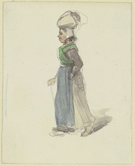 Bauersfrau, mit einem Sack auf dem Kopf und einem Stock in der Hand nach links gehend von Jakob Furchtegott Dielmann