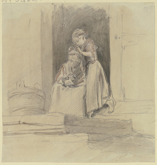 Ein Mädchen sucht im Haar einer im Hauseingang sitzenden alten Frau nach Läusen von Jakob Furchtegott Dielmann