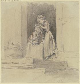 Ein Mädchen sucht im Haar einer im Hauseingang sitzenden alten Frau nach Läusen