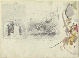 Studienblatt: Drei Spaziergänger (der Künstler mit seiner Familie?) in einer Landschaft, rechts ein 