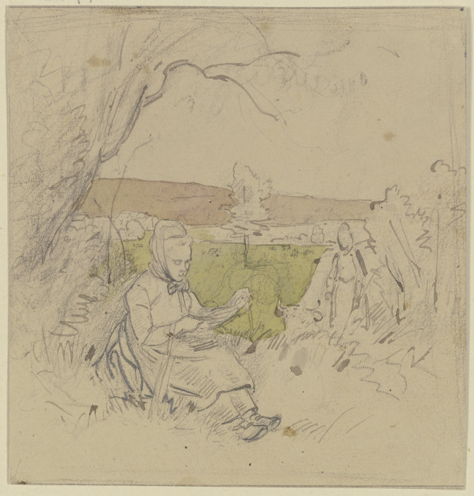 Unter einem Baum ist eine Bäuerin mit Flachs beschäftigt, rechts eine andere mit einer Kuh von Jakob Furchtegott Dielmann
