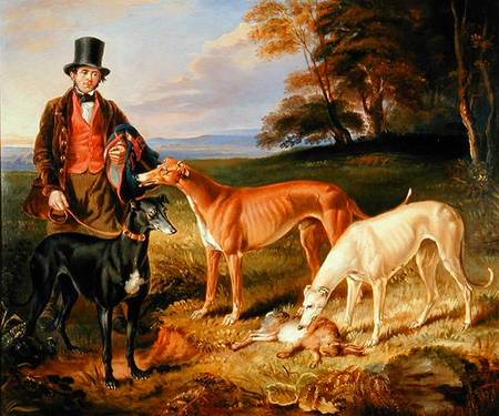 Thomas Harris, Kennel-Man to Tom Llewelyn Brewer, with Greyhounds von James Flewitt Mullock