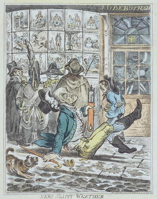 Very Slippy Weather, engraved by J. Sidebotham (colour litho) von James Gillray