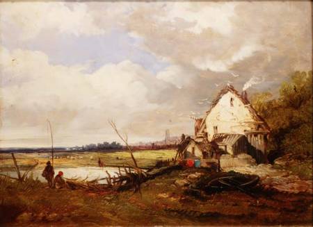 Anglers by a Cottage on a River Bank von James Holland