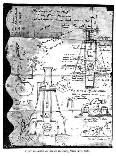 First Drawing of Steam Hammer, 24th November 1839, from a torn out page from Nasmyth's sketch book, von James Nasmyth
