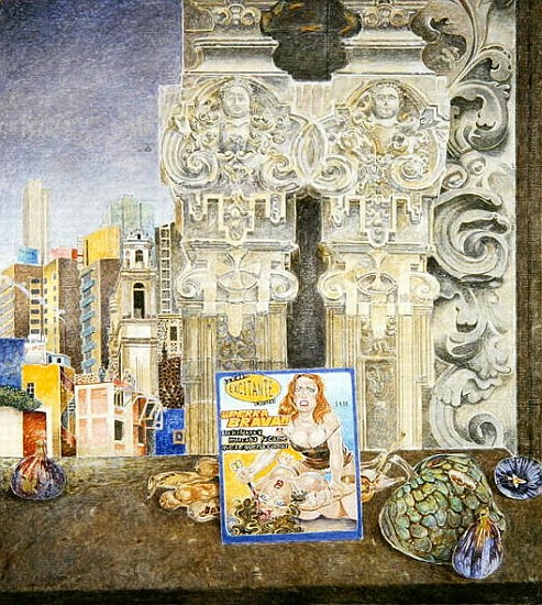 Still Life with Pornographic Magazine and Baroque Landscape, Mexico City, 2003 (oil on canvas)  von  James  Reeve