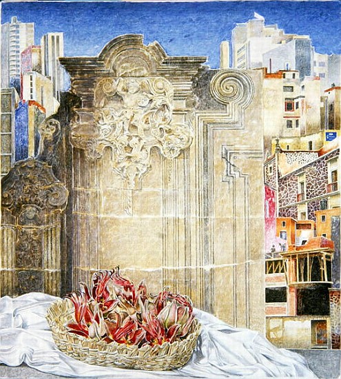 Still Life with Strange Fruit and a Baroque Landscape, Mexico City, 2003 (oil on canvas)  von  James  Reeve