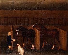 A groom, horses and a dog in a stable 1747
