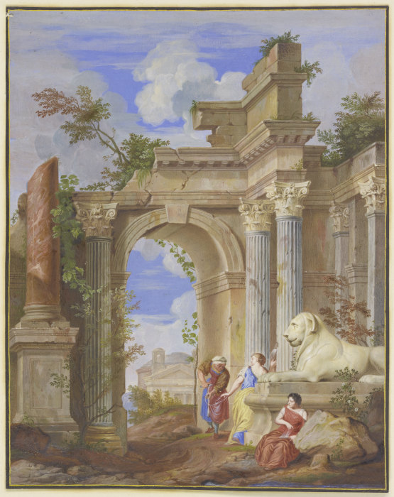In den Ruinen römischer Architektur die drei Parzen, rechts ein Löwe aus Marmor von Jan Baptist Weenix