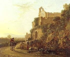 An Italianate landscape with figures on a path