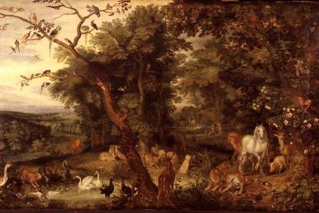The Garden of Eden; in the background The Temptation (panel) von Jan Brueghel d. Ä.
