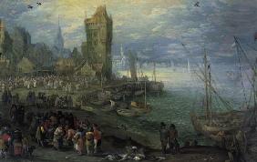 Fischmarkt am Meeresstrand 1620
