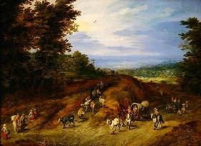 Landscape with peasants, carts and animals (oil on copper) 1775