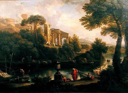 Landscape with figures by a pool with ruins in the background von Jan Frans van Bloemen