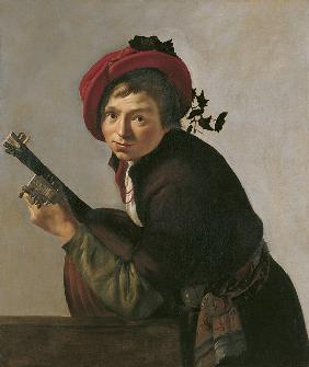 Junger Mann, eine Theorbe spielend