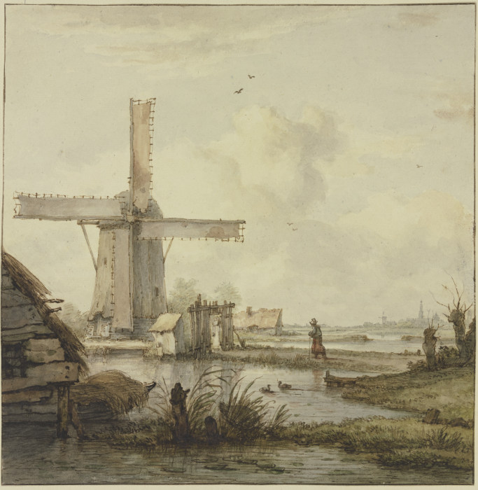 Windmühle vor einer Stadt mit hohem Turm, über einen abgegatterten Damm am Stock schreitend eine Fra von Jan Hulswit