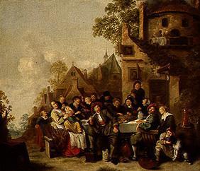 Fröhliche Gesellschaft vor dem Wirtshaus Zum Halbmond in Haarlem. 1636