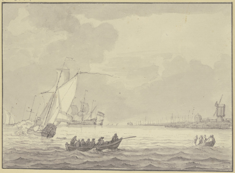 Leicht bewegte See, rechts Ufer mit Hafen und Windmühle, Ruderboote und Kanone von Jan Rood