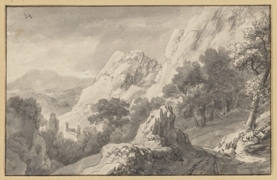Bergige Landschaft, vorne in der Mitte eine Felspartie von Jan van Aken