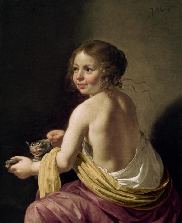 Mädchen, eine Katze neckend von Jan van Bijlert or Bylert