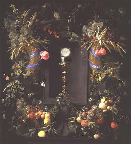 Communion cup and host, encircled with a garland of fruit von Jan van Dalen