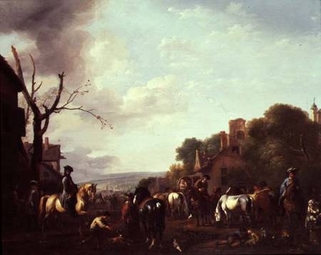 Horsemen and Travellers halted in a village von Jan van Huchtenberg