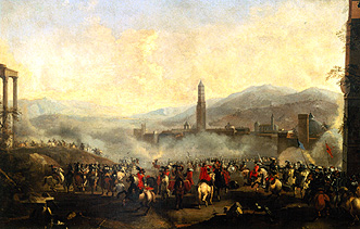 Französische und spanische Truppen vor einer oberitalienischen Stadt. von Jan van Huchtenburgh (Umkreis)