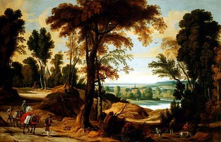 A wooded river landscape with figures on a road von Jan Wildens