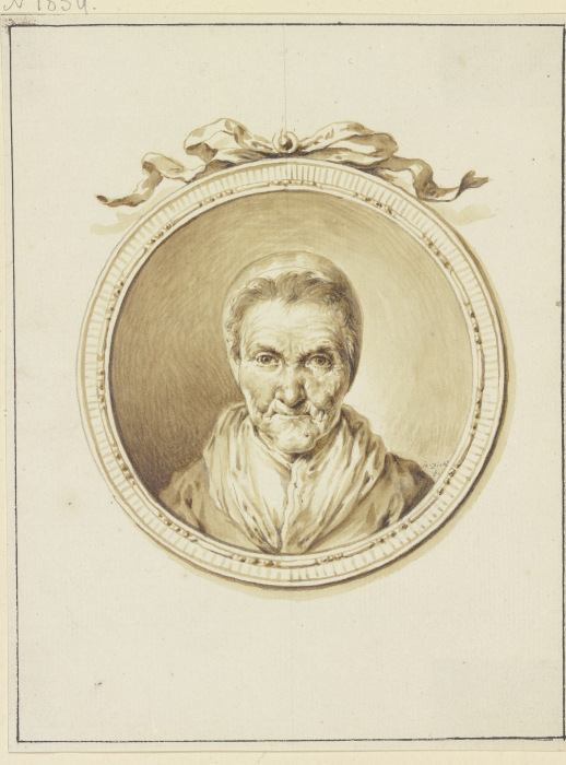 Bildnis einer alten Frau en face in einem Medaillon mit Schmuckband von Januarius Zick