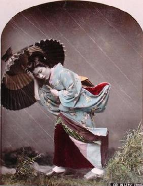 Young Japanese Girl in the Rain, c.1900 (hand coloured photo) 1763