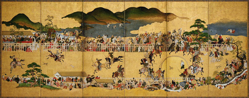 Six-fold Screen Depicting a Dog Chasing Contest, Japanese, 1624-43 von Japanese School