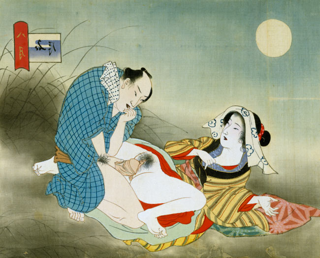 Couple Making Love in the Moonlight (w/c on silk) von Japanese School