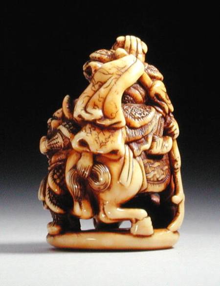 Reverse side of a netsuke in the form of a Chinese warrior on horseback with his attendant von Japanese School