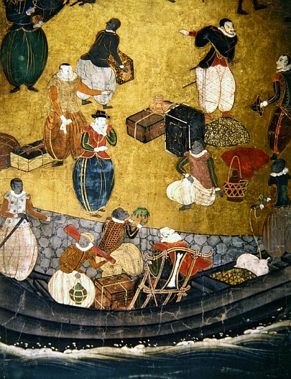 The Arrival of the Portuguese in Japan, detail of unloading merchandise, from a Namban Byobu screen, von Japanese School
