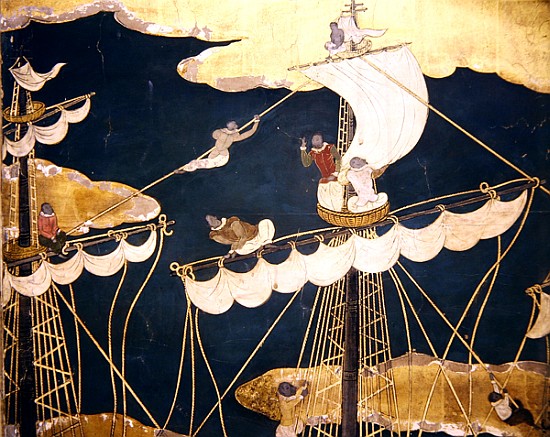 The Arrival of the Portuguese in Japan, detail of ship''s mast and crow''s nest, from a Namban Byobu von Japanese School