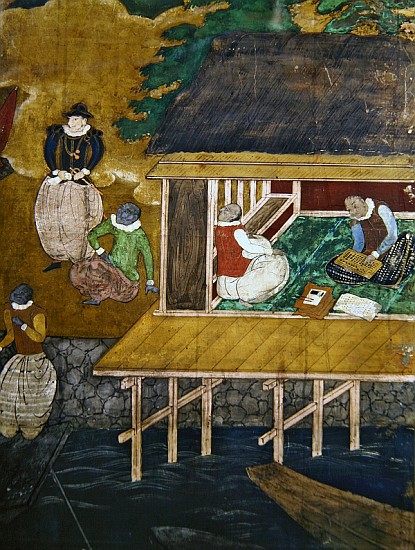 The Arrival of the Portuguese in Japan, detail of a house on stilts, from a Namban Byobu screen, 159 von Japanese School