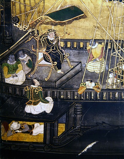 The Arrival of the Portuguese in Japan, detail showing men in the central part of a ship, from a Nam von Japanese School