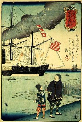 American naval vessel in a Japanese harbour 1861